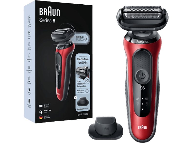 Afeitadora - Braun Series 6 61-R1200S, 3 Cuchillas, Afeitadora eléctrica para barba, EasyClick, Wet & Dry, Rojo