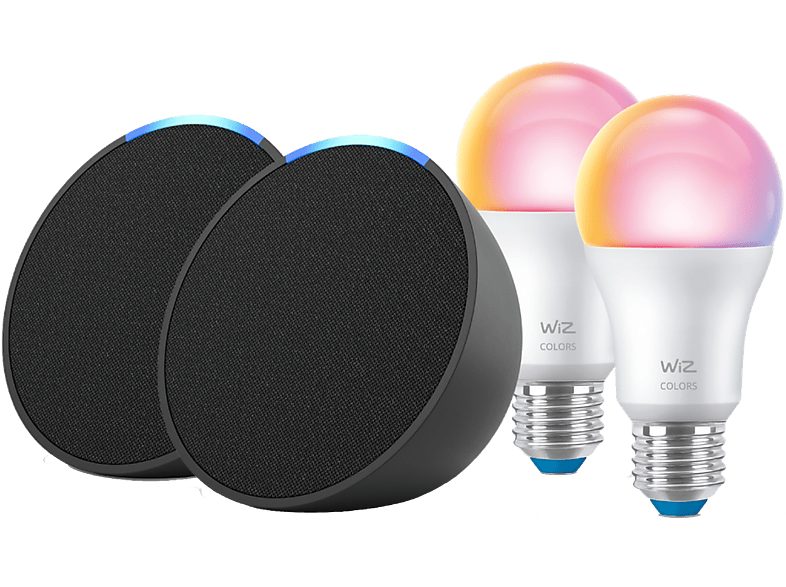 Altavoz inteligente - AMAZON 2 Amazon Echo Pop + Bombilla Wiz, Negro