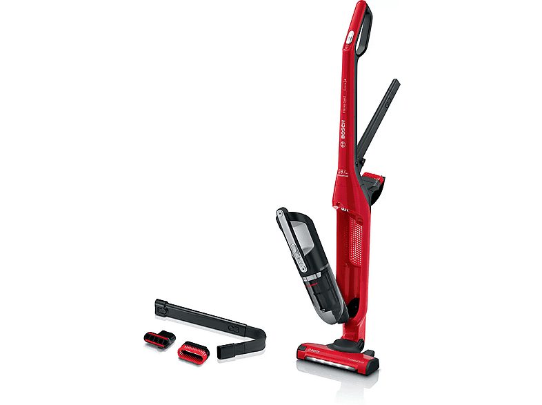 Aspirador escoba - BOSCH BBH3ZOO28, 25,2 V, Potencia de succión 25 AirWatt, Depósito 0,4 l, Negro, Rojo