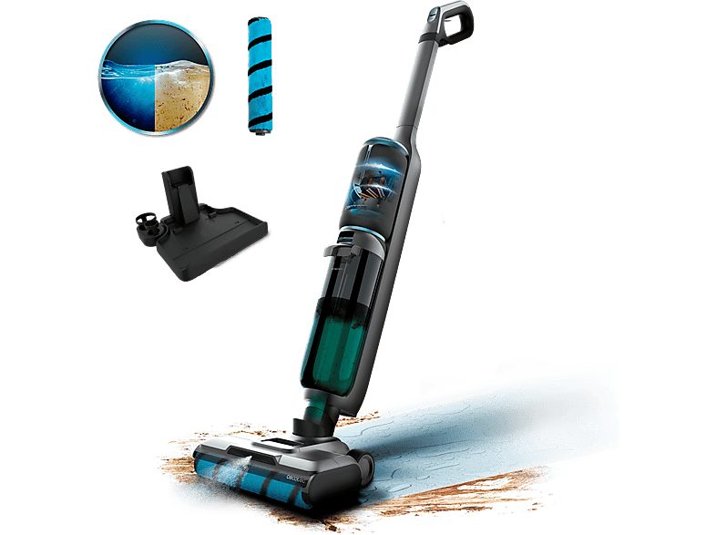 Fregona eléctrica - Cecotec FreeGo Wash&Vacuum Spray, Aspira y friega, 250 W, 700 ml, 35 min, Spray integrado, Incluye base de autolimpieza, Negro