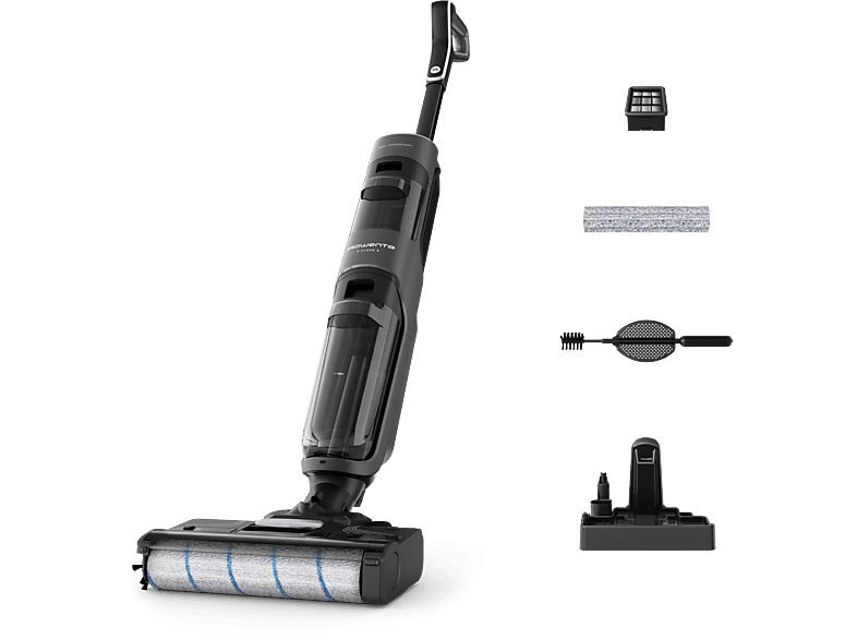 Fregona eléctrica  - Rowenta X Clean 4 GZ5035, 2 en 1, Aspira y friega, Sin cables, 200 W, Smart, Autonomía 50 min, Autolimpieza, Negro