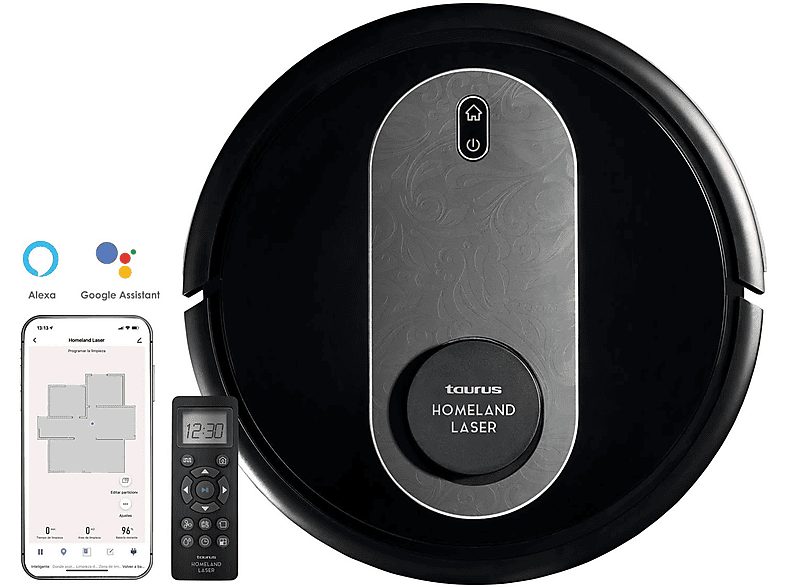 Robot aspirador - TAURUS HOMELAND LASER 94889, 14,8 V, Potencia de succión 2300 kPa, Depósito 450 ml, Autonomía 120 min, Inox