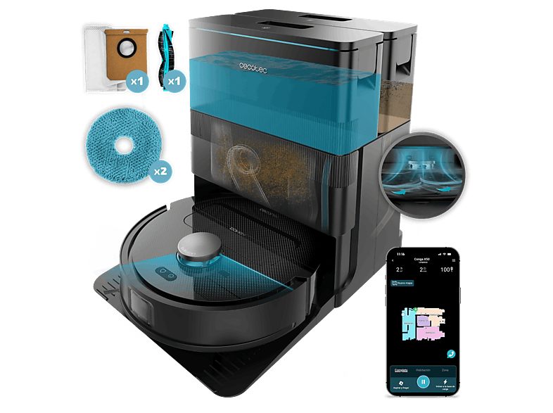 Robot friegasuelos - Cecotec Conga X50, 50 W, 240 min autonomía, Navegación láser, Fregado spin, 15000 Pa, Negro